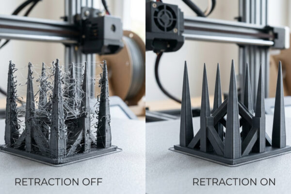 Comparação lado a lado de dois testes de impressão 3D: o primeiro com excesso de fios (stringing) e o segundo perfeitamente limpo após o ajuste de retração.