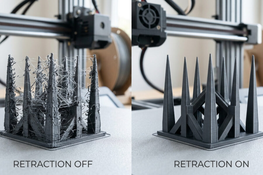 Comparação lado a lado de dois testes de impressão 3D: o primeiro com excesso de fios (stringing) e o segundo perfeitamente limpo após o ajuste de retração.