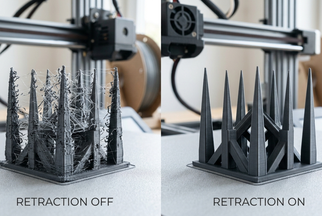 Comparação lado a lado de dois testes de impressão 3D: o primeiro com excesso de fios (stringing) e o segundo perfeitamente limpo após o ajuste de retração.