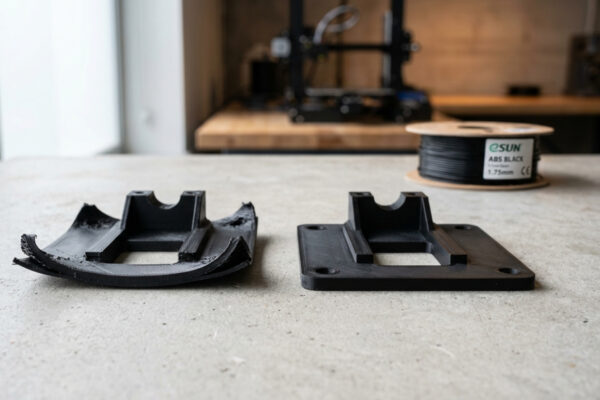 Peça impressa em ABS com warping nas bordas descolando da mesa aquecida da impressora 3D