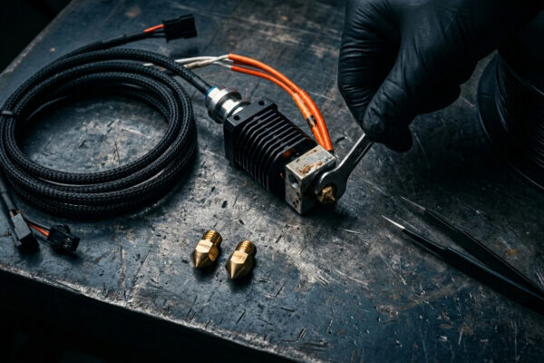 Troca de bico impressora 3D: chave de boca no hotend com bicos 0.4mm e 0.6mm sobre bancada