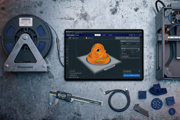 Tutorial Cura iniciante: interface do fatiador Cura aberta em monitor na bancada de impressão 3D