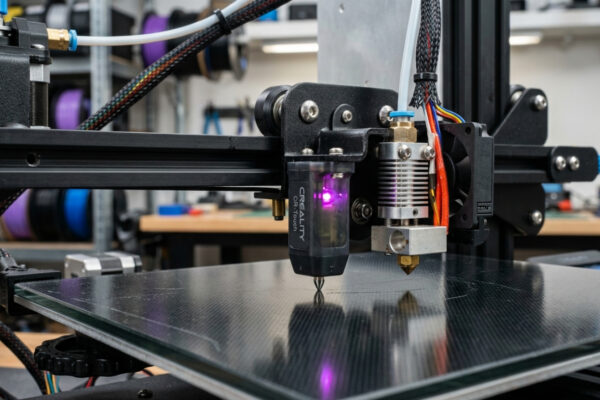 Sensor de nivelamento automático CR-Touch original instalado no cabeçote de uma impressora 3D Ender 3, com a sonda metálica em destaque sobre a mesa de impressão.