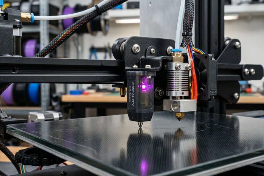Sensor de nivelamento automático CR-Touch original instalado no cabeçote de uma impressora 3D Ender 3, com a sonda metálica em destaque sobre a mesa de impressão.