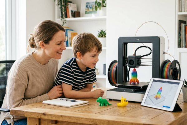 Criança observando impressora 3D em funcionamento ao lado de um adulto em ambiente doméstico