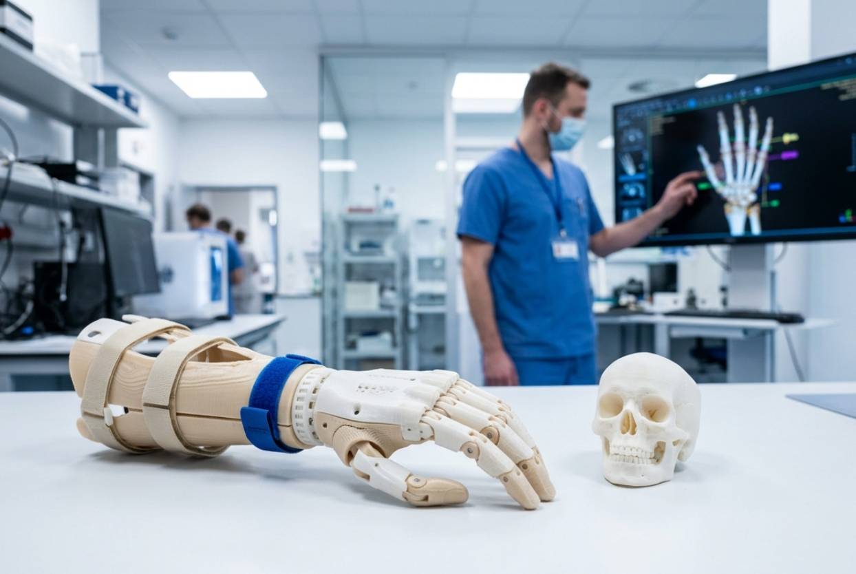 Prótese de mão impressa em 3D em tons claros posicionada sobre uma mesa médica limpa, ao lado de um modelo anatômico digital em tela e equipamento de impressão 3D hospitalar.