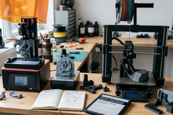 Comparação visual entre impressora 3D de filamento FDM e impressora de resina, mostrando peças impressas ao lado de cada equipamento em um ambiente de trabalho iluminado.
