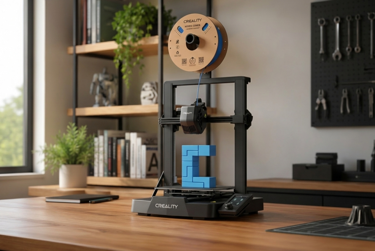 Impressora 3D silenciosa para apartamento: modelo compacto sobre bancada com pad antivibrante