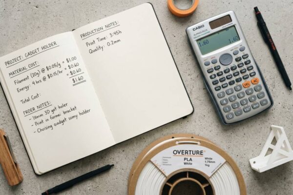 Calculadora e planilha de custo de impressão 3D com filamento e impressora sobre bancada