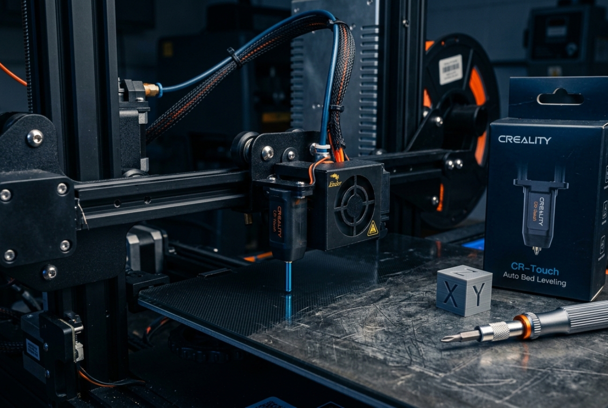 Sensor CR-Touch instalado no carro do eixo X de uma Ender 3 para nivelamento automático da cama