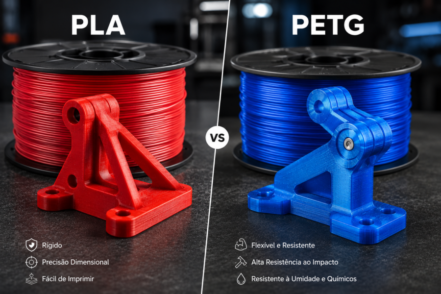 Comparação visual entre filamento PLA e PETG com foco em uma peça mecânica impressa em 3D.